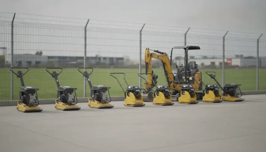 Plate compactors lined up on the concrete apron of the rental yard with a mini excavator behind