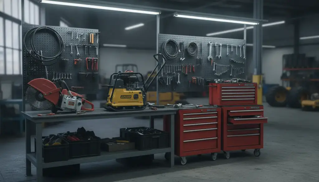 A cut off saw and a plate compactor on the workbench of the equipment repair bay