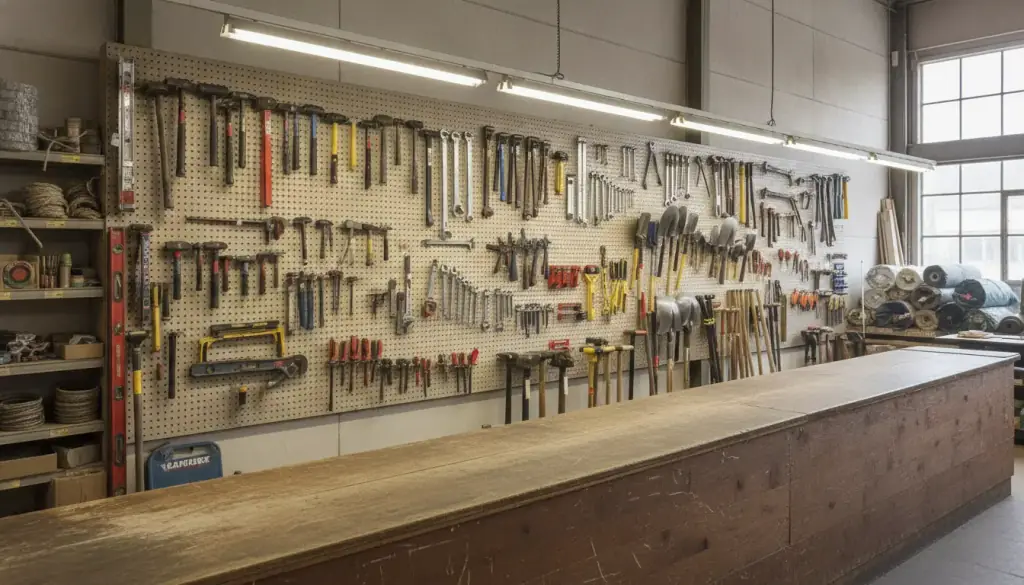 A hand tool wall of hammers, levels, wrenches and shovels above the trade counter