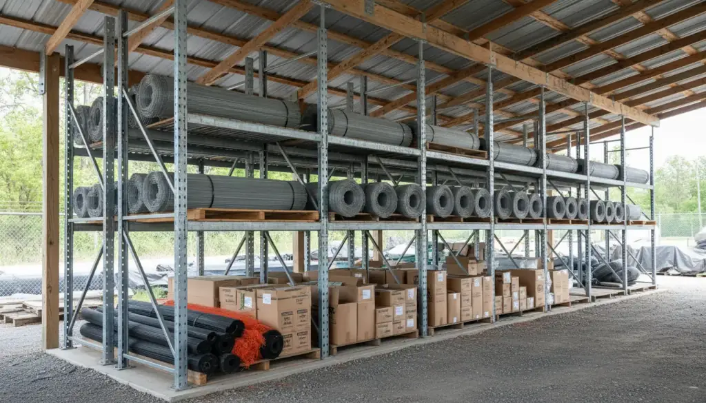 Rolls of wire reinforcing mesh and boxed masonry stock racked in a covered supply yard